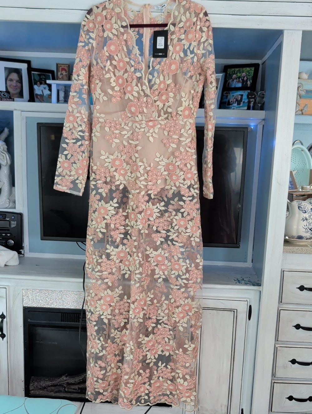 Fashion Nova Pink and Cream Floral Long Sleeve Maxi Dress